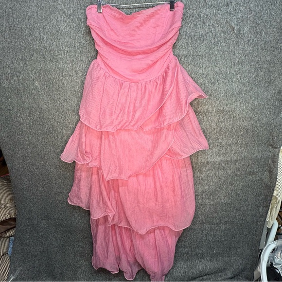 HELLO MOLLY NUMBER ONE OPTION STRAPLESS MIDI DRESS PINK LARGE TIERED RUFFLE - Picture 3 of 12